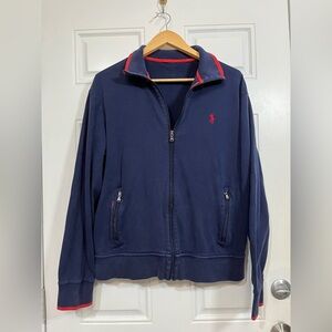 Y2K Era Polo Ralph Lauren Full-Zip Sweatshirt Navy with Red Trim Mens Size L